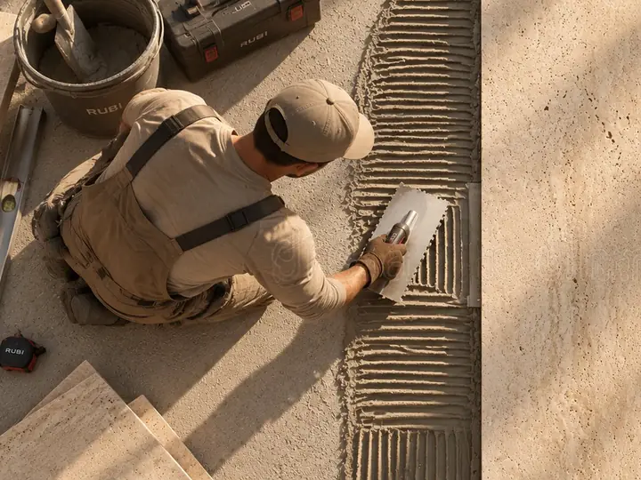 عامل يضع بلاطة حجرية بدقة